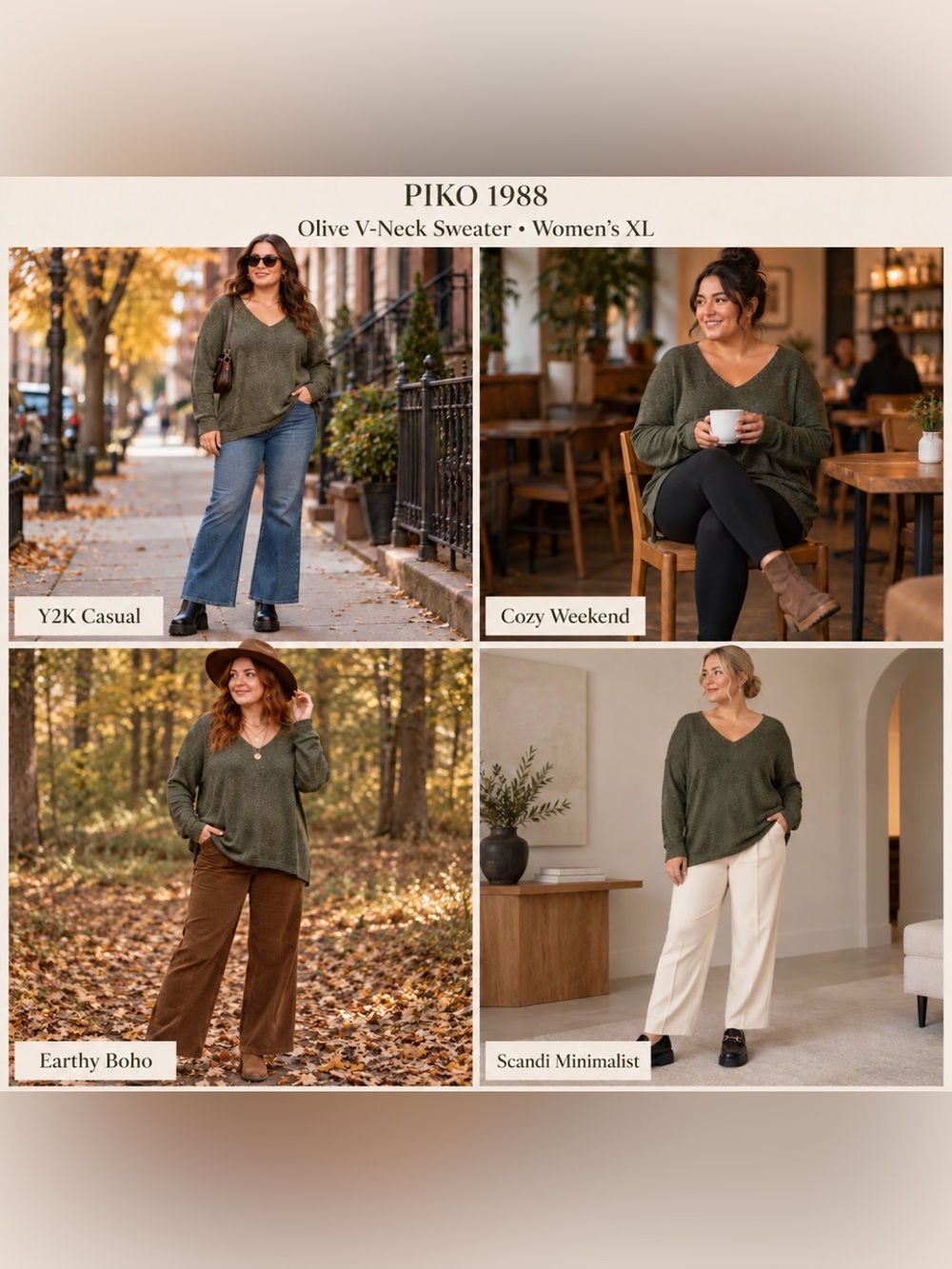 Piko 1988 Women‎ V-Neck Long Sleeves Olive Green Sweater Size X-Large